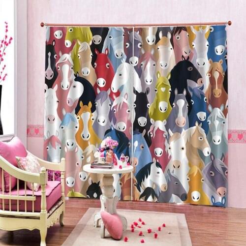 Cartoon Animals Colorful horse Curtain For Living room Bedroom Blackout Window Drapes Indoor Decor Sets Customizable any size