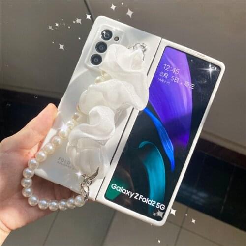 For Samsung Z Fold 3 2 W21 5G Woman Luxury Fashion White Silk Hand Strap Bracket Case Cover With Long Short Pearl Chain