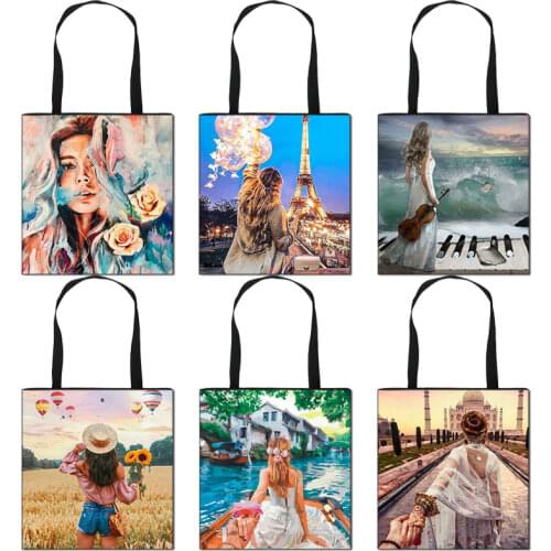 Oil Landscape Painting Shopping Bag Women Fashion Shoulder Bags Hand In Hand Lovers For Travel Girls Canvas Totes Bag Handbag