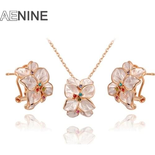 AENINE Rose Gold Color Mosaic Multicolor Rhinestone Roses Flower Necklace & Earrings Sets Jewelry Christmas Gifts L2070022780