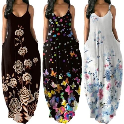 Summer Women Slip Dress Floral Print Pockets Spaghetti Strap Sexy V-Neck Loose Plus Size Long Maxi Dress Fashion Party Dresses