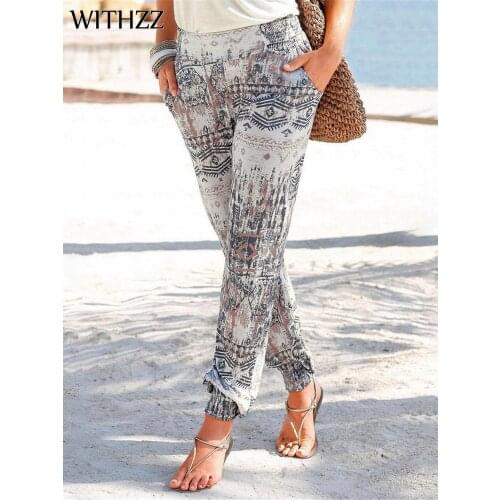 WITHZZ Summer Female High Waist Trousers Print Ladies Slim Thin Casual Pants