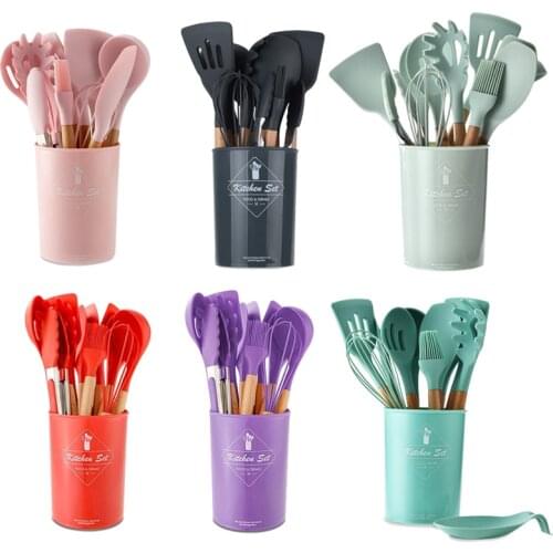 9/10/12PCS Silicone Wooden Handle Cooking Utensils Set Non-stick Spatula Shovel Cooking Tools With Storage Box Kitchen Tools