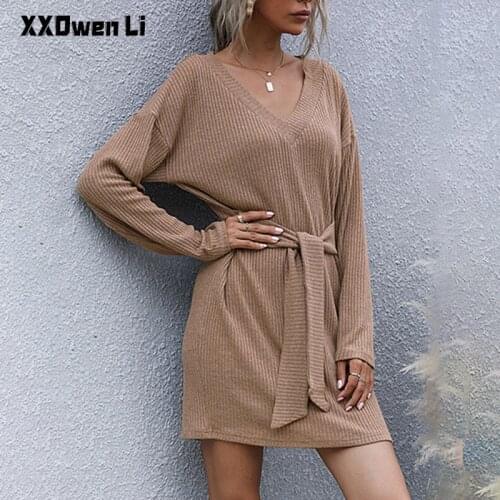 Autumn V-neck Solid Long Sleeve Women Dress 2021 Spring Fashion Black Elegant Ladies Lace-up Dresses Woman Party Black Dresses