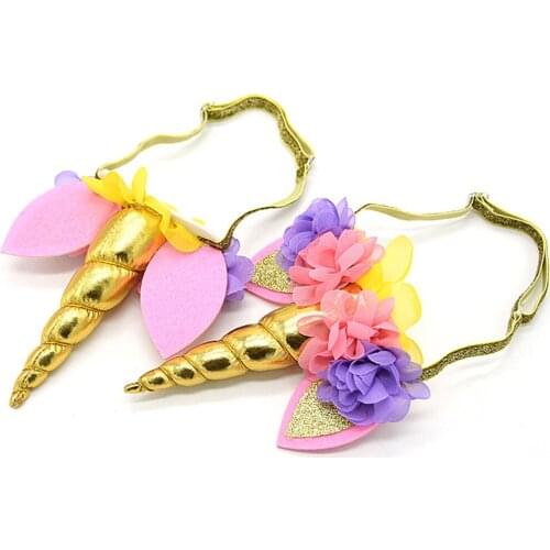 3pcs / lot , 14-15cm Unicorn Horns headband with chiffon flower for Girls Shinny Unicorn headband Accessories Flowers DIY Party