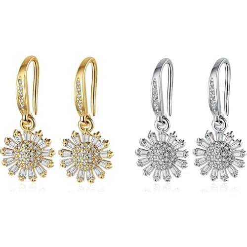Cute Daisy Lovely Sunflower Drop Earrings For Women Shiny Crystal CZ Stone Golden/White Female Dangle Earring Piercing Jewelry