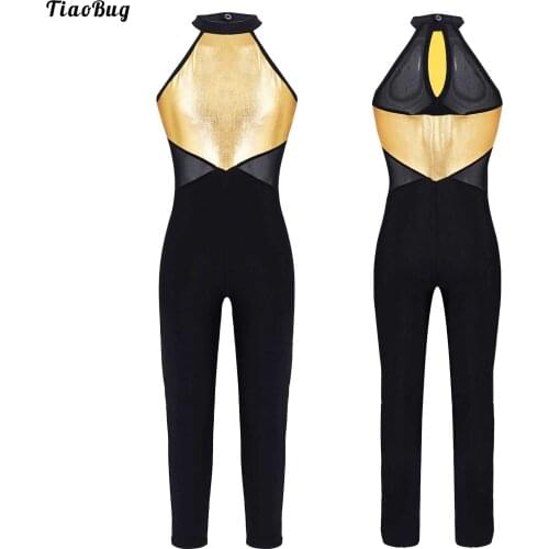 TiaoBug Kids Girls Stylish One Piece Dance Leotards Clothing Sleeveless Round Collar Button Back Mesh Patchwork Bodysuit