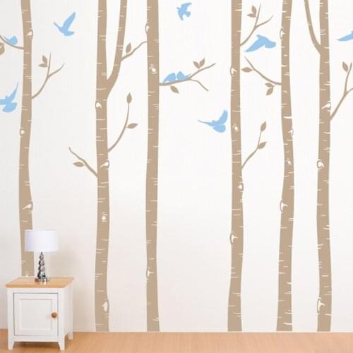Vinolos paredes Vinyl Stickers Set of 6 Birch Trees with Birds Perfect Quality Removable Home Decor Decals Big Tree Mural ZA321