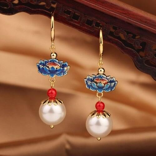 Vintage Flower Blue chrysanthemum Drop earrings nature stones earrings Ethnic Jewelry for women 2020