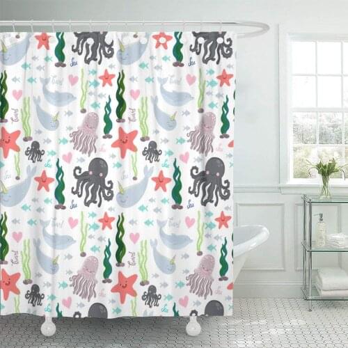 Blue Cute Sea Creatures Octopus Fish Starfish Dolphin Jellyfish Shower Curtain Waterproof Polyester Fabric 60 x 72 Inches Set