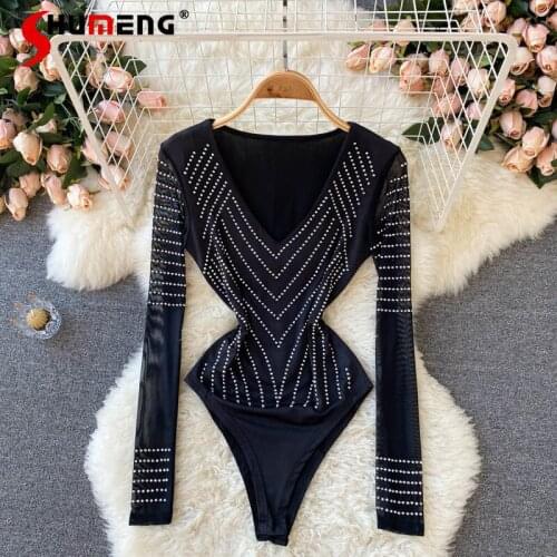 2021 New Fall European Women Embroidery Hot Drilling Sexy V-neck Stretchy Rompers&playsuits Ladies Fashion Long Sleeve Jumpsuit