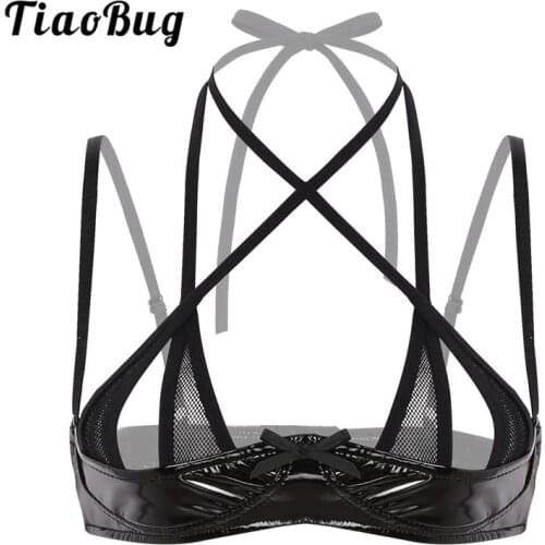 Women Sheer Fishnet Splice Wetlook Black Patent Leather Lingerie Halter Adjustable Spaghetti Straps Front Cross Push Up Sexy Bra