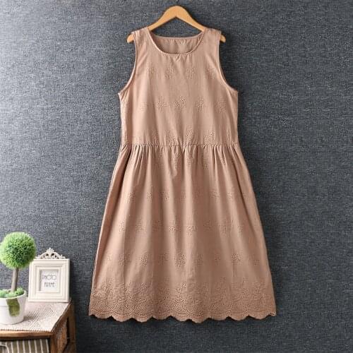 2020 New Summer Women Dress Japan Style Literary Cotton linen Sleeveless Embroidery Loose Long Dresses Women