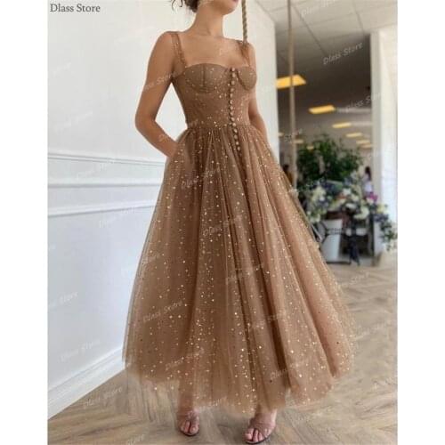 Champagne New 2021 Prom Dress Ankle Length Spaghetti Strap Sequin Tulle Sexy Simple Backless Evening Dress коктейльные платья