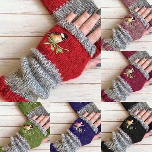 Winter Wrist Arm Hand Warmer Knitted Long Fingerless Gloves Women Thicken Keep Warm Birds Embroidery Mittens