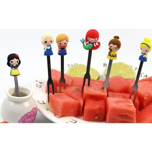 6pcs/Set Cute Cartoon Disney Princess Snow White Mermaid Stainless Steel Dessert Fruit Forks Set Mini Salad Fruit Fork Flatware