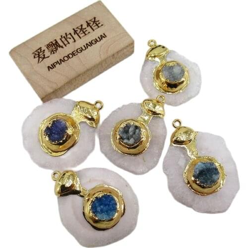 APDGG 5PC Natural White Blue Quartz Freedom Gold Plated Connector Pendant For Necklace Pendant Jewelry DIY