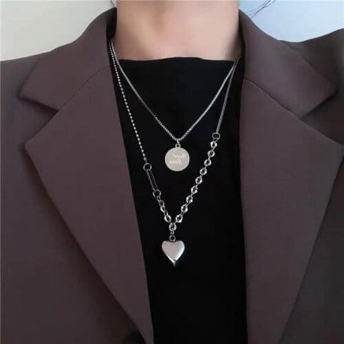 Cute Stainless Titanium Steel Long CHain Heart Pendant Multi-layer Necklace for Women Fashion Jewelry 2021 Trend Statement