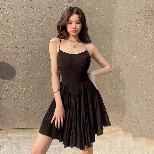 Black Sxey Dress Gothic Style Sweet Cool Girl Suspender Dress High Waist Punk Fluffy Dress Fashion Street Short Mini Dresses