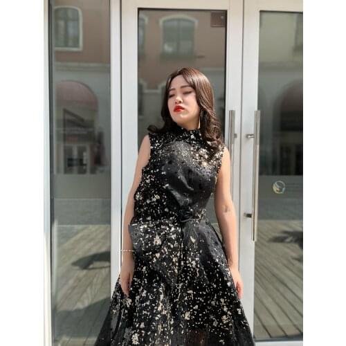 Black High Neck Gowns A-Line Prom Party Ladies Evening Dresses Long Luxury Party Sexy Sleeve Dress1699 For Women Wedding