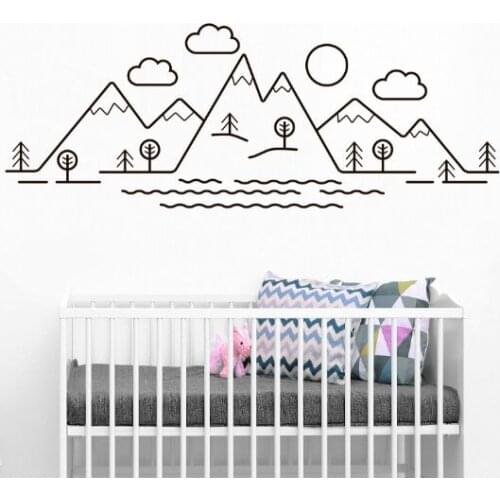Nursery Decor Mountain Scene Wall Decal Art Mountains Trees Vinyl Wall Sticker Kids Room Clouds Tree Painting Wall Mural AY1236