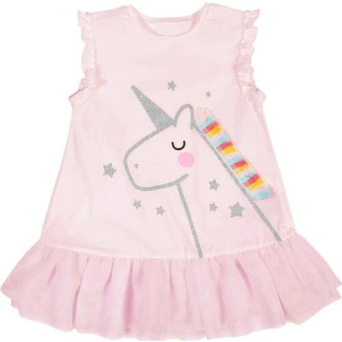 Toddler Girls Unicorn Long Shirt Dress Children Pink Lace Sleeveless Cartoon Knee Length Dresses for Kids Cotton Soft Clothing