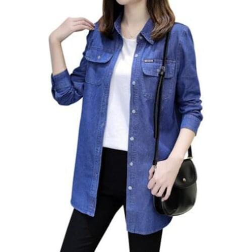 Denim Shirt Women Spring and Autumn 2021 Blue Plus Size Shirt With Double Pockets Long Sleeve Blouse Elegant Shirts FC1056