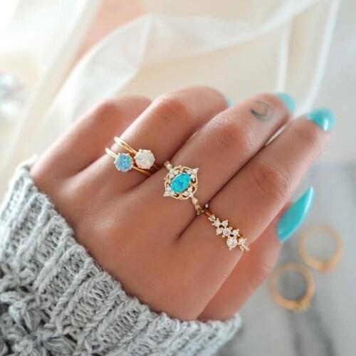 4 Pcs/set Opal Stone Midi Rings for Women Minimalist Gold Color Geometric Crystal Flower Knuckle Rings Jewelry Gifts