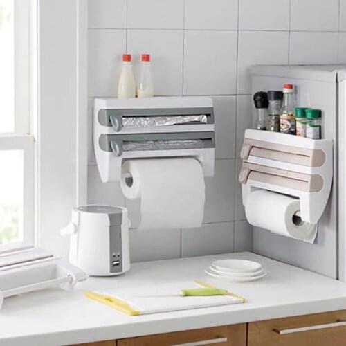 Multifunctional Kitchen Storage Organizer Hang Cling Film Cutter Tin Foils Roll Dispenser Paper Towel Holder Bottle Shelf Rack