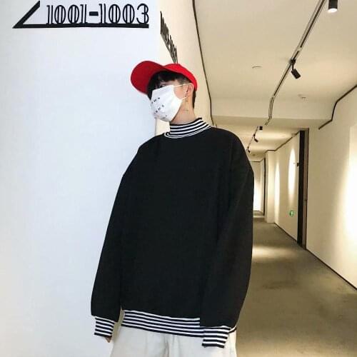 Autumn striped high neck sweater mens tide ins fake two trendy brand hip-hop Korean student trend loose long-sleeved T-shirt