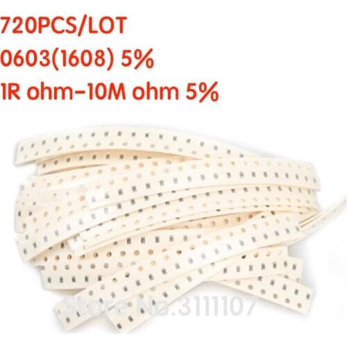 720PCS/LOT 0603 SMD Resistor Kit Assorted Kit 1R ohm-10M ohm 5% 1608 1R-10M 36valuesX20pcs=720pcs Sample Kit Sample bag