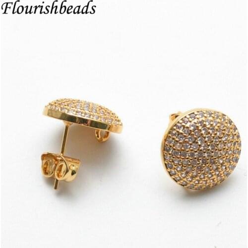 Real Gold plating CZ Zircon Paved Round Coin Shape Stud Pin Earring Findings fit Dangle Earrings making