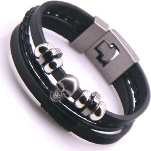 New! Black Skull Leather Men Bracelet High Quality Popular Boys Courage Knighthood Skeleton Male Charm Bracelet Jewelry