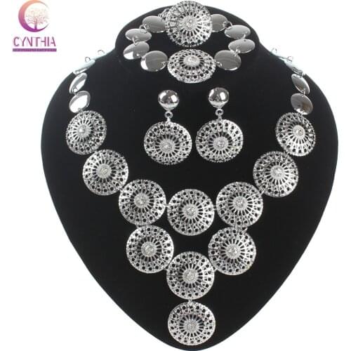 New arrival Wholesale& Retail Dubai African Chunky Silver Color Crystal Necklace Earrings Bracelet Ring Jewelry Sets