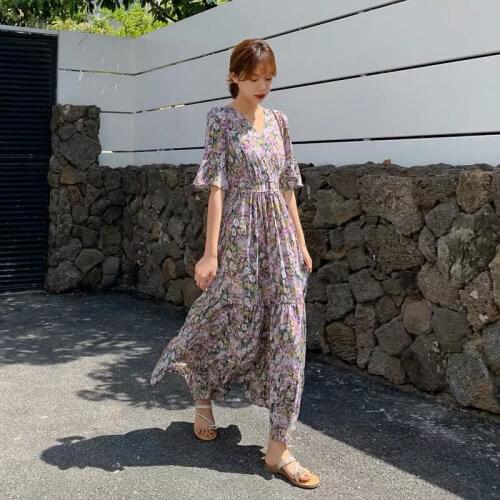Korean Print Bohemian Chic Girls Party Long Dress Plus Size Women Summer Unif French Boho Flare Sleeve V-Neck Dresses