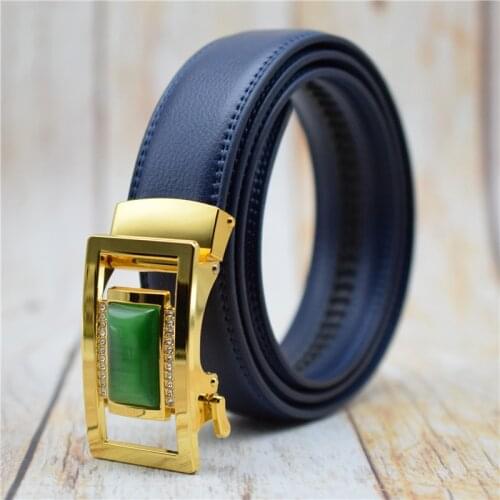 Luxurious Automatic Buckle Belt Women/men Blue 3.5CM Width Waist Belt for Women/men With Fashion Alloy+Rhinestone+Stone Buckle