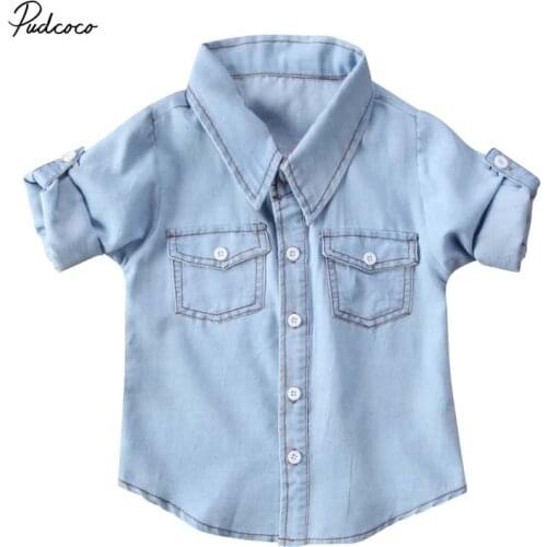 2019 Brand Fashion Cute Toddler Kids Baby Infant Boys Girls Shirt Denim Coat Can Roll Long SleeveTops Spring Summer Clothes Hot