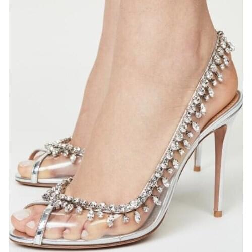 Female Summer Silver Women Open Toe Crystal Stiletto High Heel Wedding Shoes Transparent Clear Slingbacks Elastic Band Sandals