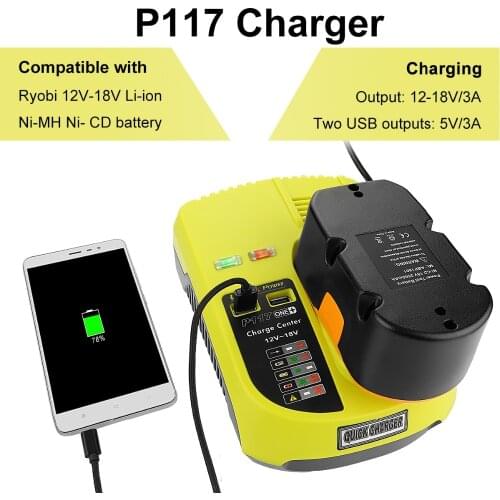 Newest P117 Replacement Charger for Ryobi Ni-Cd Ni-Mh Li-ion 12V 14.4V 18V Battery EU Plug for phone charging 3A current