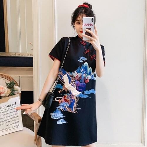 Traditional Chinese Dress Qipao Hanfu Qi Pao Women Retro Cheongsam Girl Japanese Harajuku Vintage Crane Party Qipao Dress 11908
