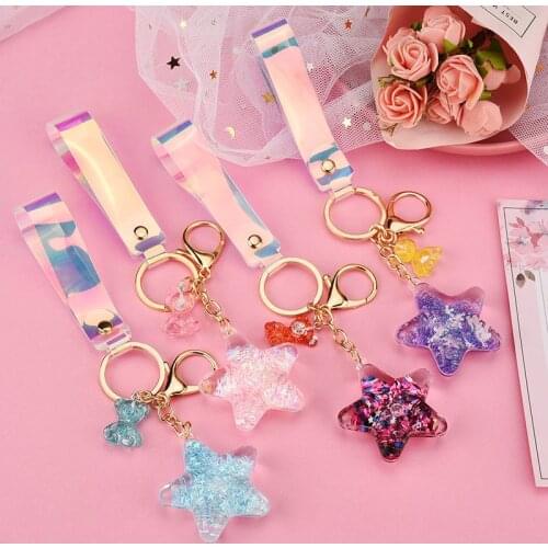 Creative Trend Acrylic Star Keychain Cute Bear Floating Liquid Sequin Quicksand Keyring Bag Pendant Keyfob Accessories Jewelry