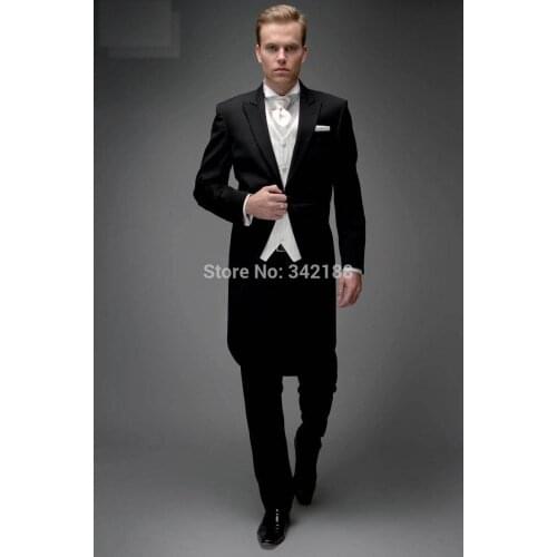 Morning style Black Peak Lapel Groom Tuxedos Groomsmen Men Wedding Suits Best man Suits Prom Clothing (Jacket+Pants+Vest+Tie)wed