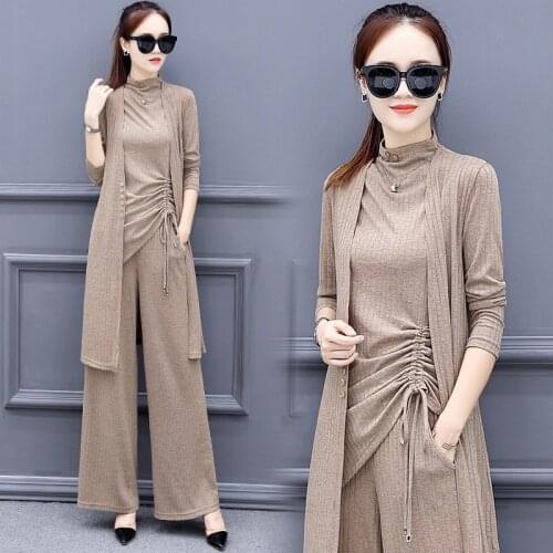 2018 spring new style Slim temperament casual three-piece female fashion long sleeve jacket + wide leg pants elegant suit female