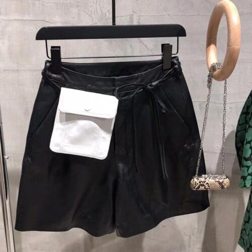 Women ladies real genuine lamb leather shorts