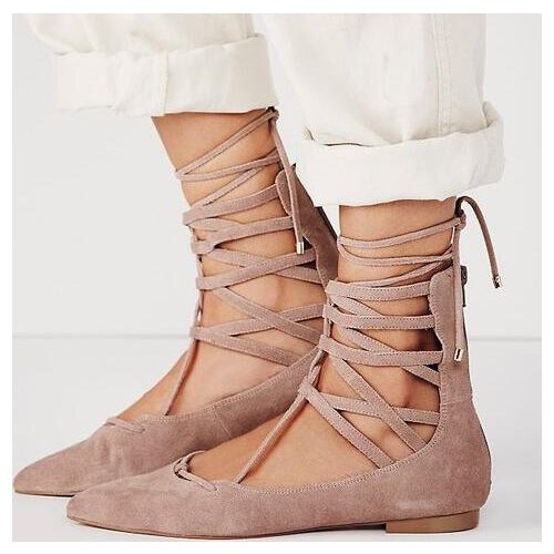 2017 Spring Women Fashion Camel Orange Red Color Pointed Toe Cross Lace Up Zip Back Flat Shoes Comfortable Flats