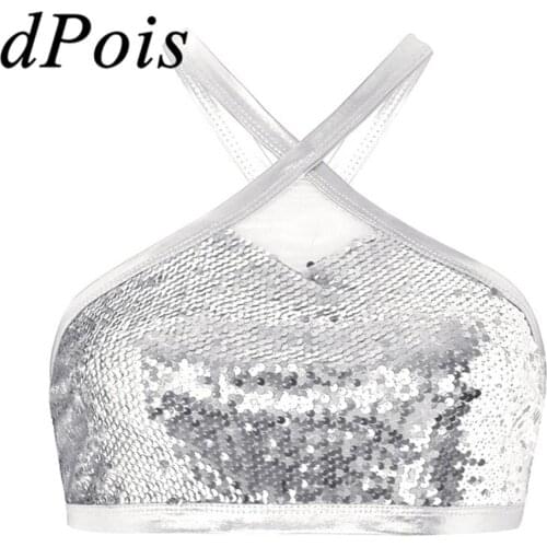 DPOIS Women Ladies Sparkly Sequins Halter Crop Tops Back Cross Mesh Bustier Bra Vest Tank Top Rave Dance Cropped Top Clubwear