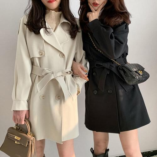 Korean Short Double Breasted Womens Trench Coat Plus Sashes Autumn Gray-brown Khaki Black Casual Long Sleeve Windbreaker Female