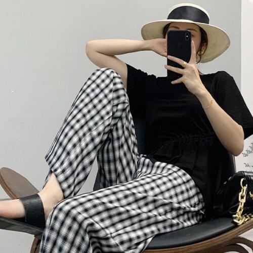 Black and White Plaid Wide-leg Pants Womens Summer Suit Short T-shirt + 2021 Summer New Casual Plaid Pants Two-piece Suit