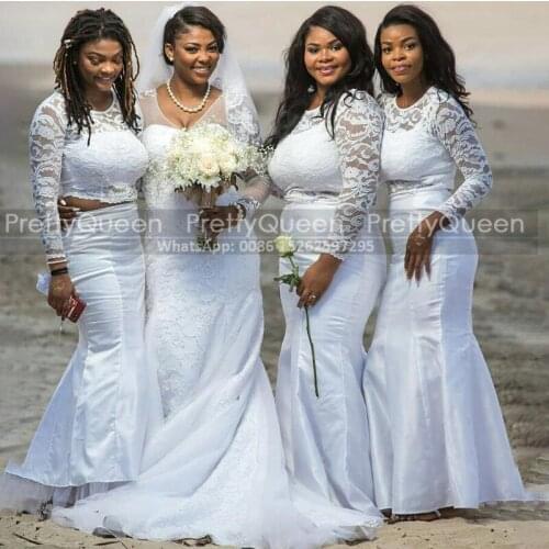 2021 White Sheer Lace Two Piece Bridesmaid Dresses With Long Sleeves Mermaid Crop Top Dress Wedding Guest Party