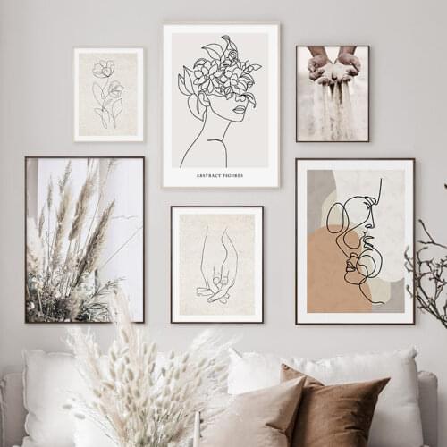 Trendy Beige Boho Style Sketch Figure Abstract Canvas Painting Wall Art Picture Living Room Home Interior Decoration No Frame